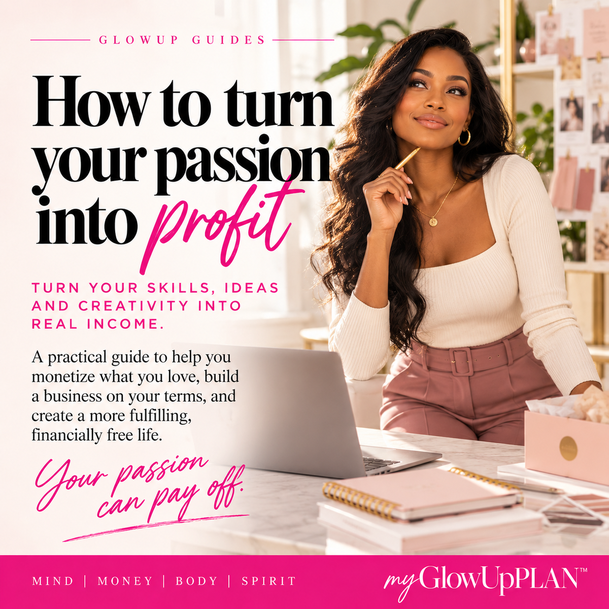 Black woman planning at a laptop in a creative workspace for a guide on how to turn your passion into profit.